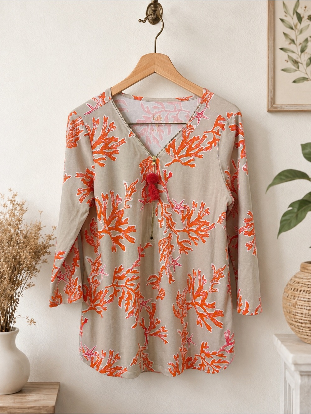 Belle by Kim Gravel Primabelle Tassel Zip Tunic Top Small Amalfi Coral
